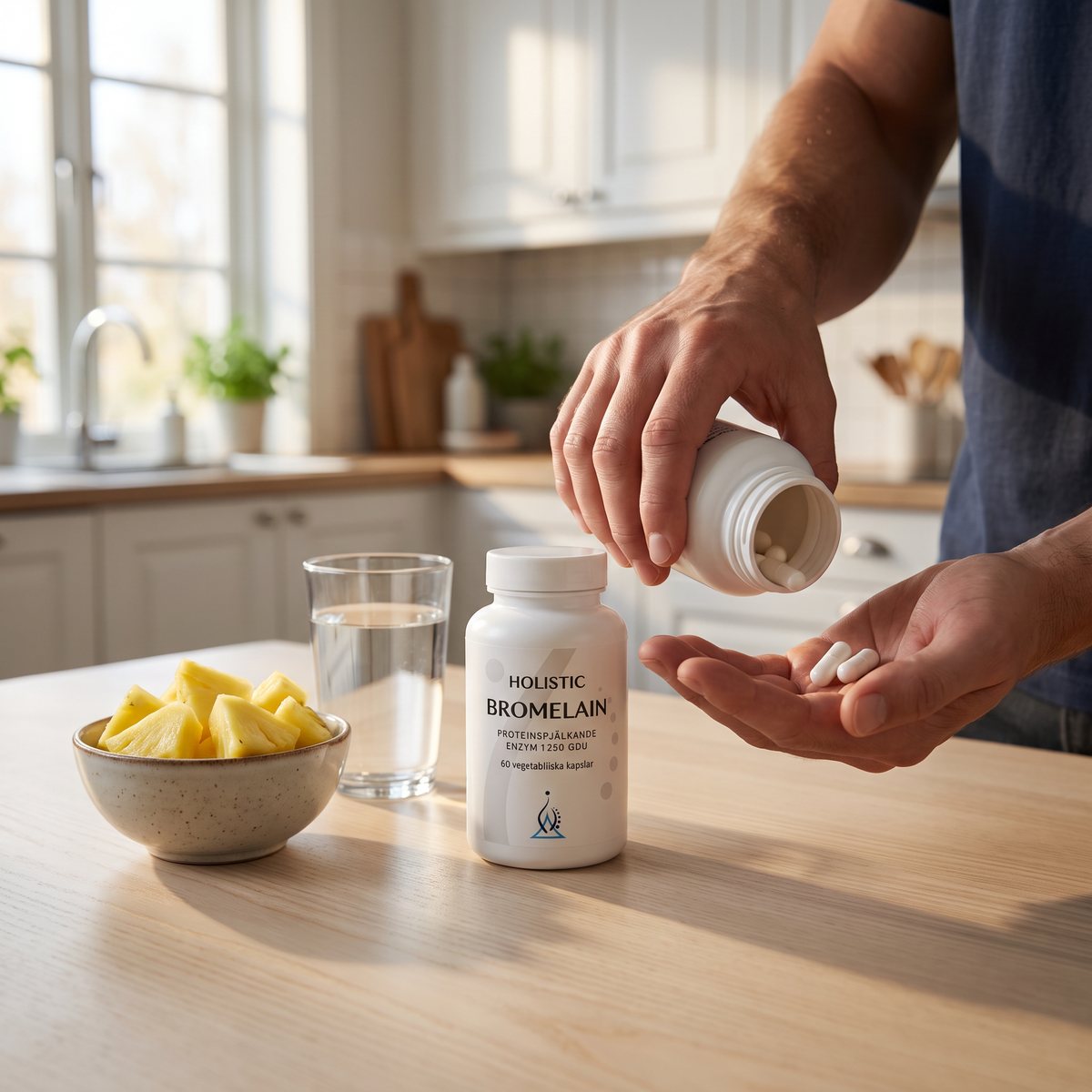Holistic Bromelain-burk på ett björkbord i ett svenskt kök med vattenglas och ananasbitar