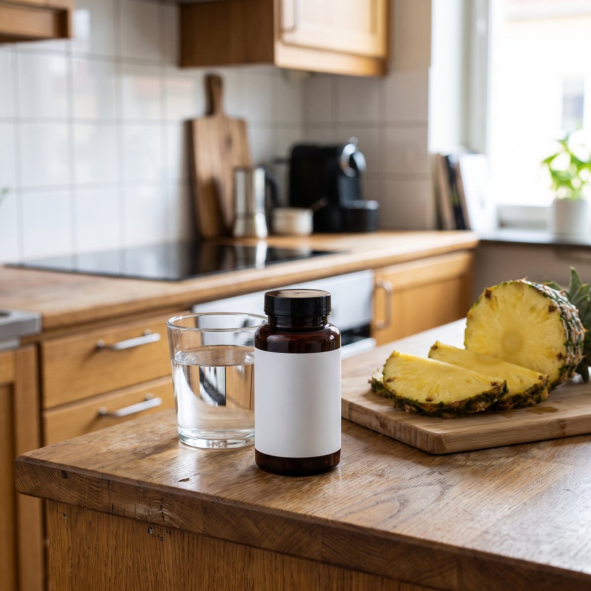 Närokällan Bromelain i brun glasburk på en bänk i ett svenskt kök med vatten och skivad ananas