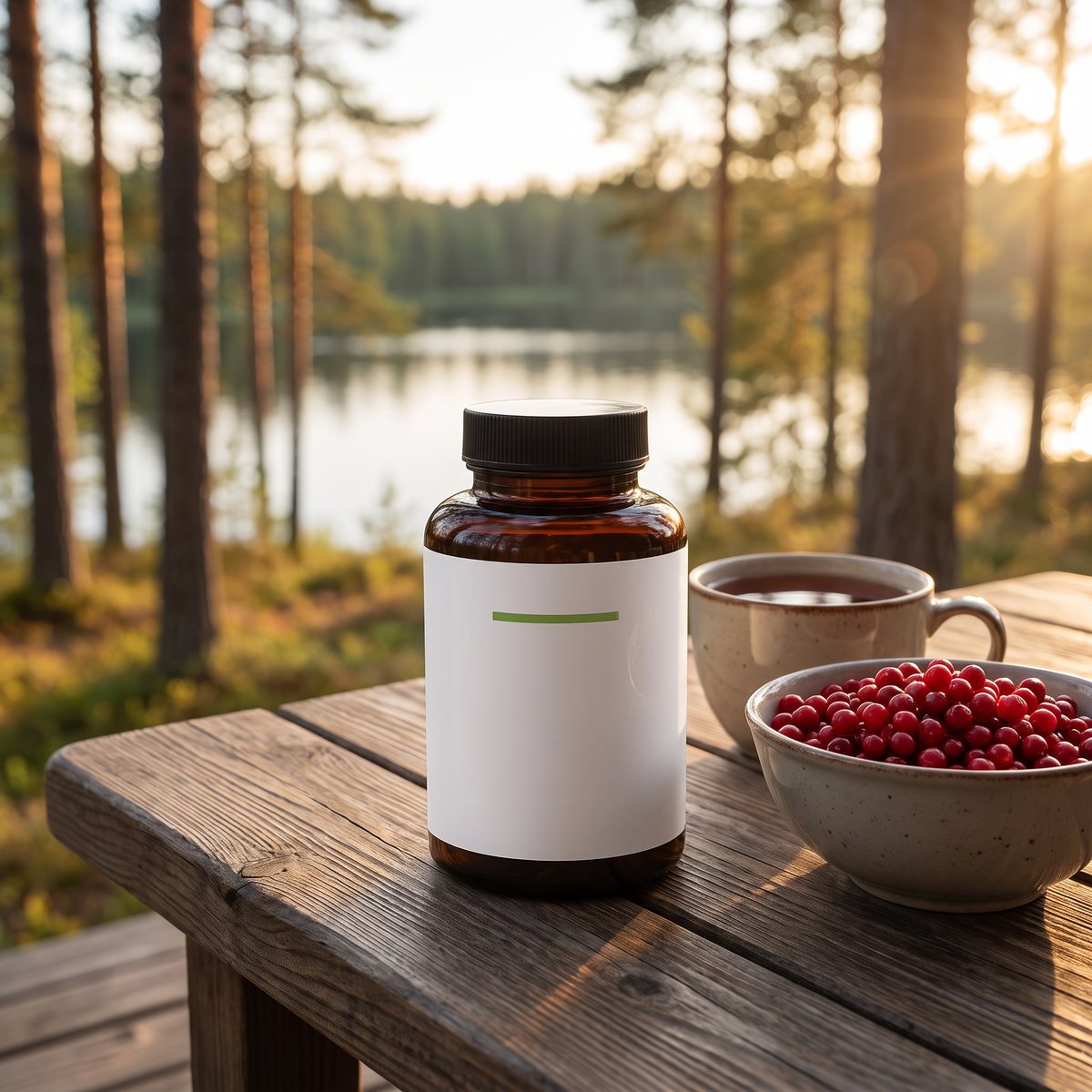 Närokällan Quercetin & Bromelain i brun glasburk på ett trädbord på en svensk stugaltan med te och lingon