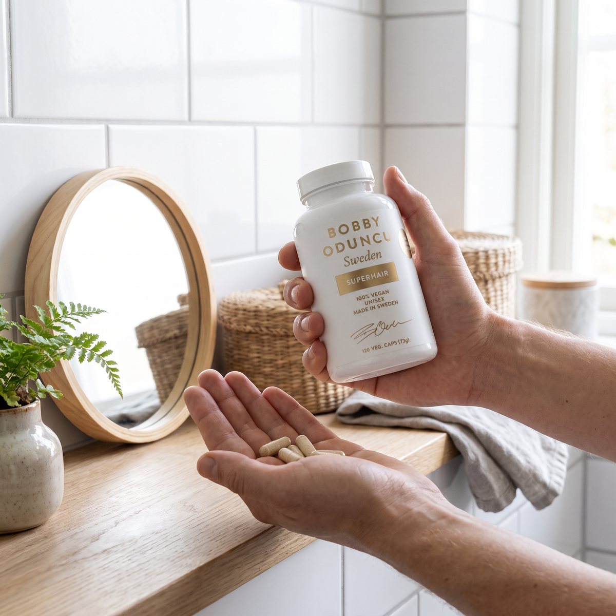 Vit burk med Bobbys Haircare Superhair hållen i handen på ett badrum i en svensk lägenhet