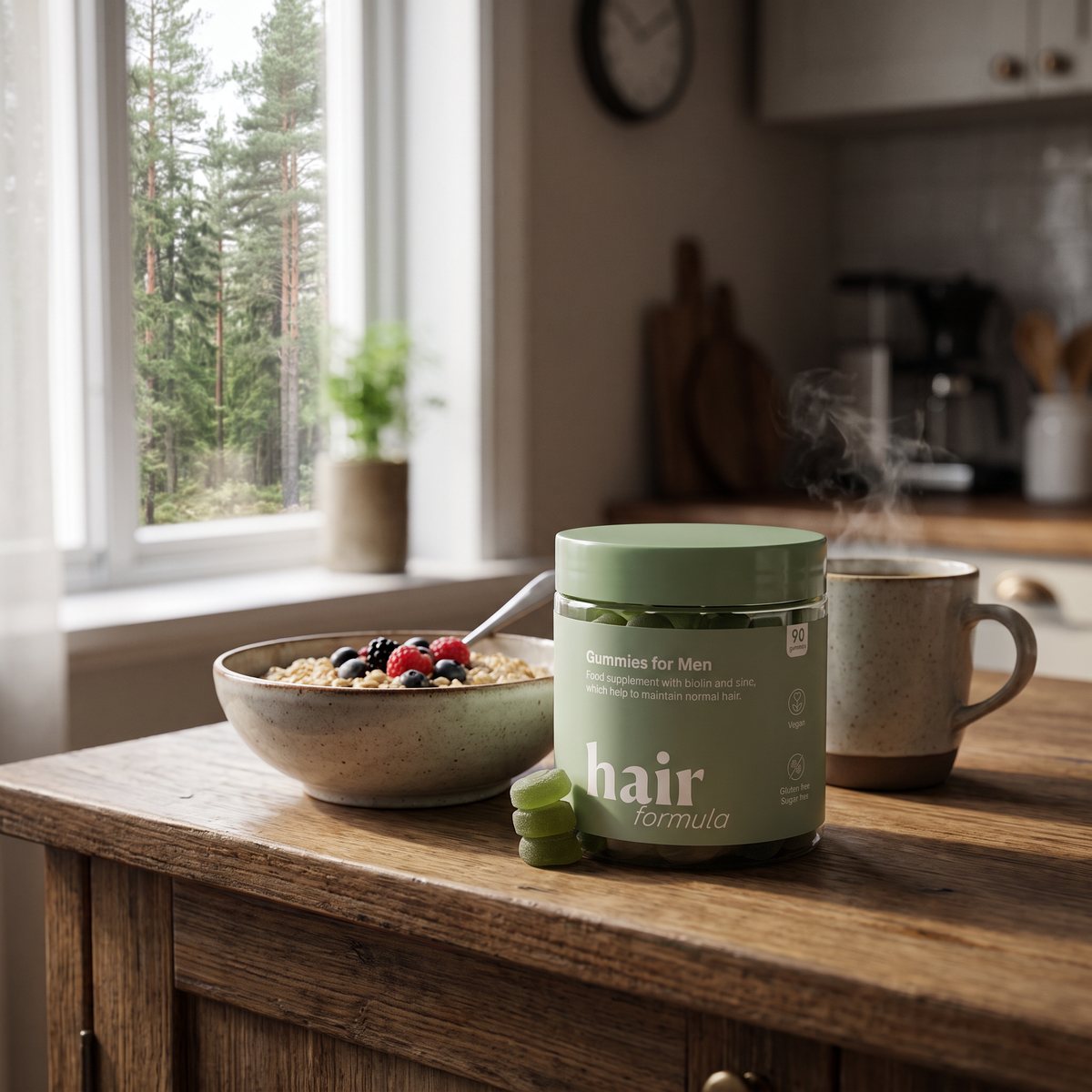 Grön burk med Hairlust Hair Formula Gummies for Men på en köksbänk i ett svenskt hem
