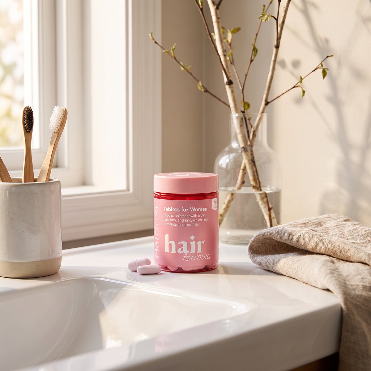 Rosa burk med Hairlust Hair Formula Tablets for Women på ett vitt badrumsbord i ett svenskt hem