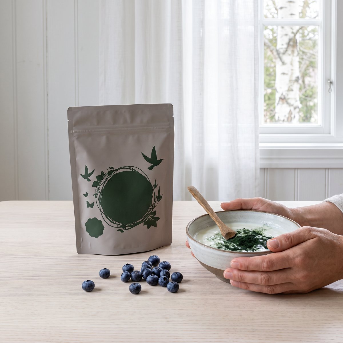 Gråbeige påse med chlorellapulver bredvid en skål yoghurt med pulver och blåbär i ett ljust svenskt hem