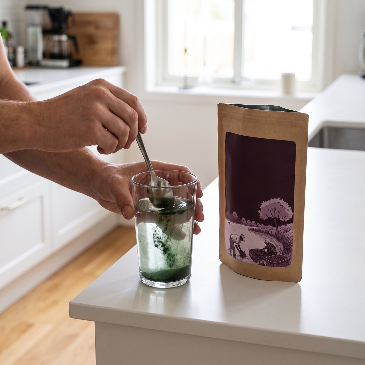 Chlorellapulver i en kraftbrun påse bredvid ett glas där pulvret rörs ut i vatten, i ett svenskt kök med vita luckor och trägolv