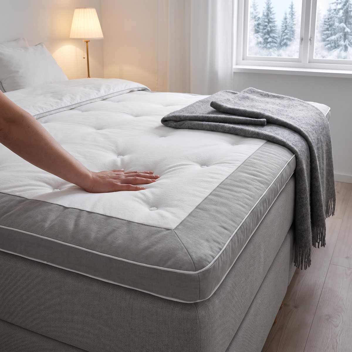 Carpe Diem Beds Luxury bäddmadrass med vit tuftad yta och grå kantband på en kontinentalsäng i ett vintrigt svenskt sovrum med snötäckta granar utanför