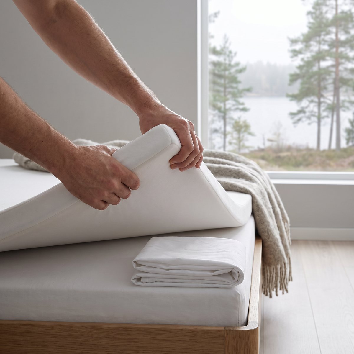 Jensen Sleep I bäddmadrass lyfts i ett hörn när sängen bäddas i ett svenskt sovrum med utsikt mot sjö och tallar