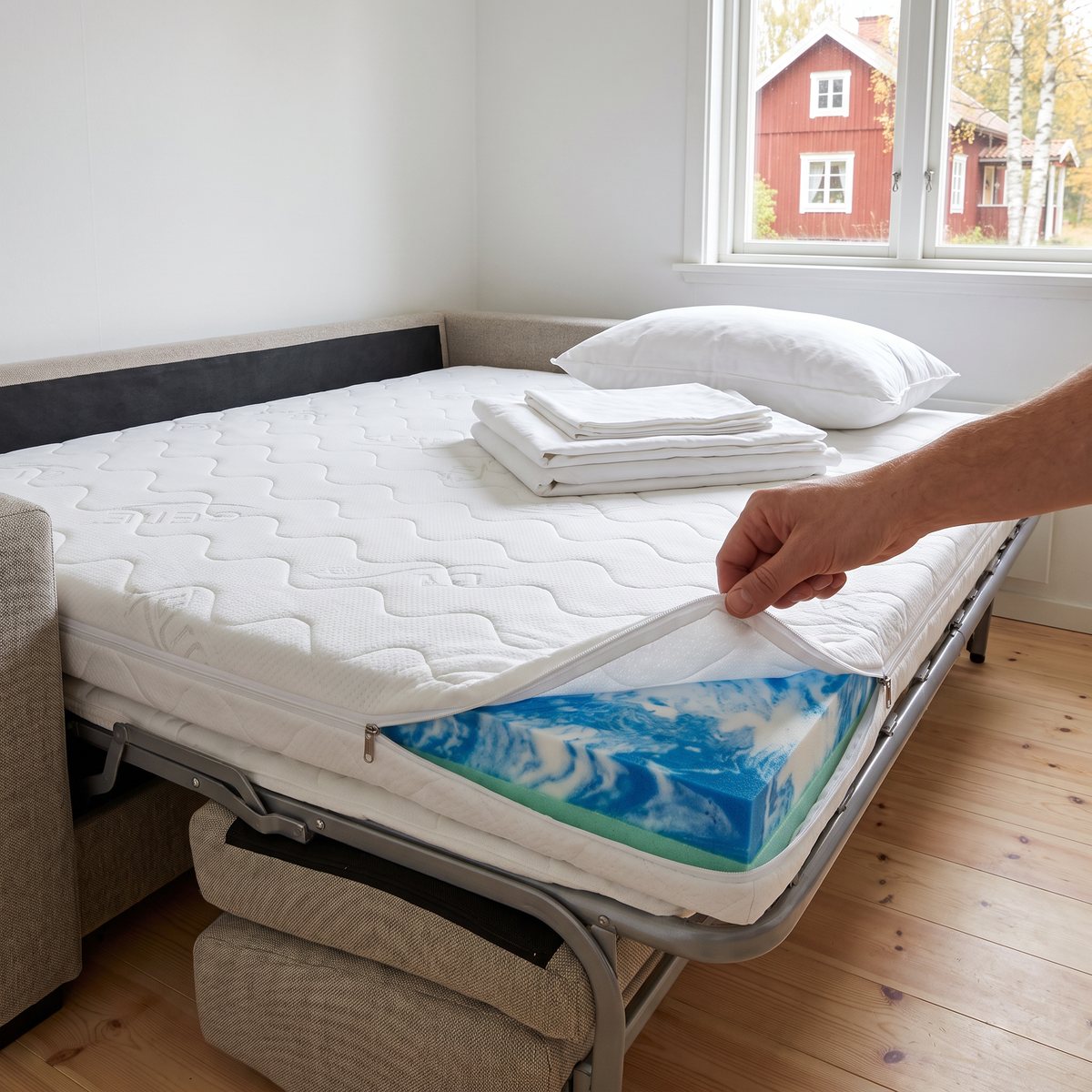 vidaXL gelskum bäddmadrass på en utfälld bäddsoffa i ett svenskt gästrum, överdraget öppnat med dragkedjan så att det blåvita gelskummet syns