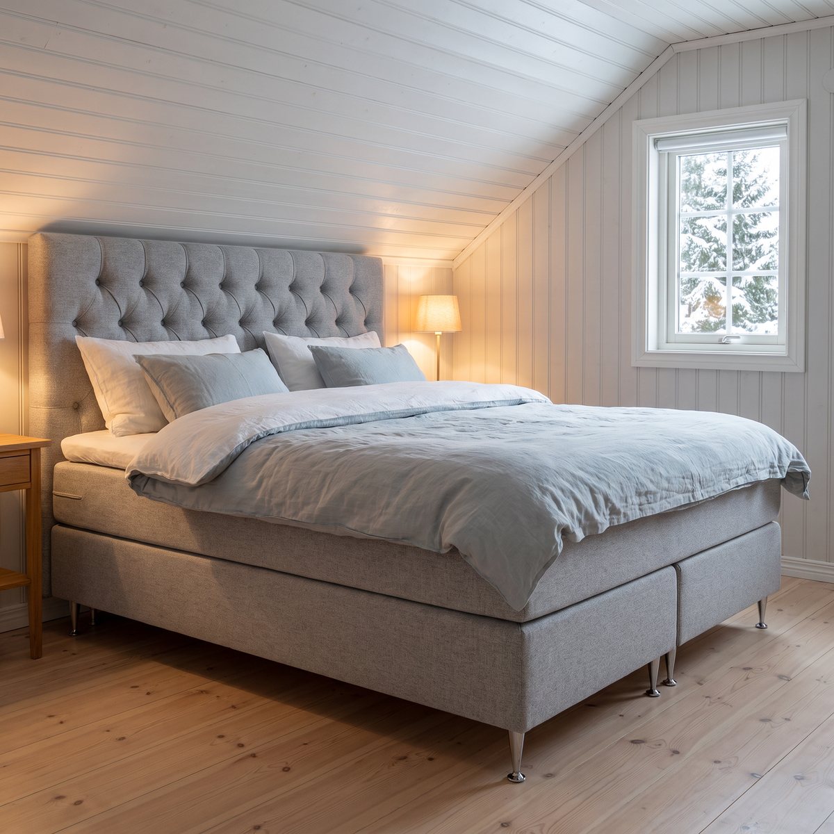 Ljusgrå kontinentalsäng med knappad huvudgavel och kromade ben i ett svenskt sovrum med vit panel och vintervy