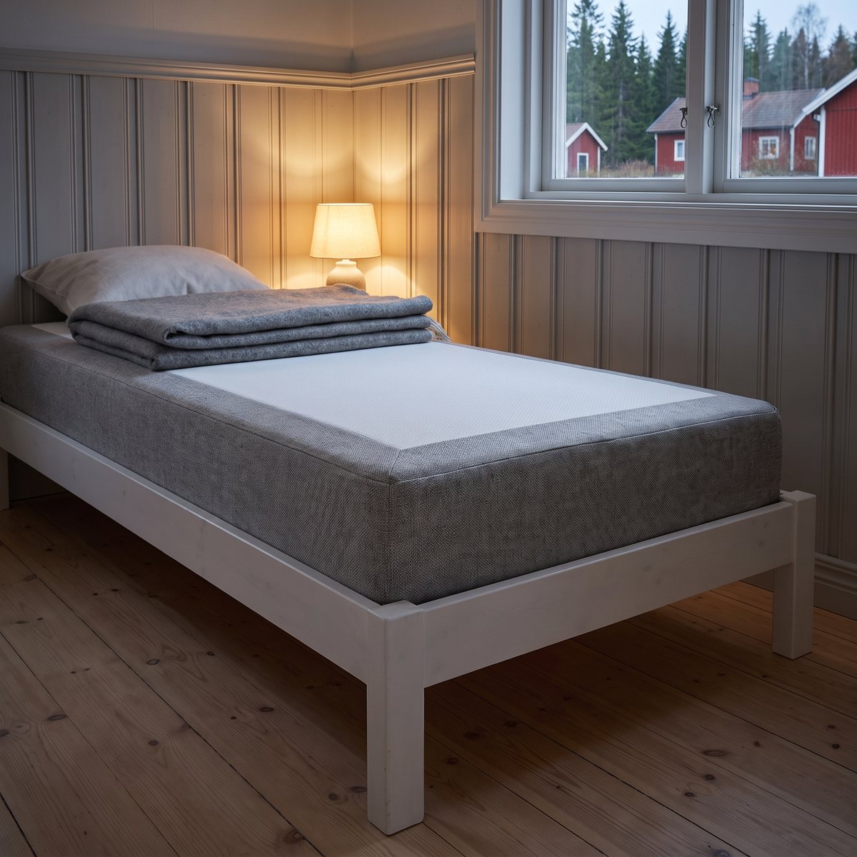 Bedre Nætter Senses resårmadrass med grå sidor på en vit träsäng i ett panelat svenskt gästrum med röda trähus utanför