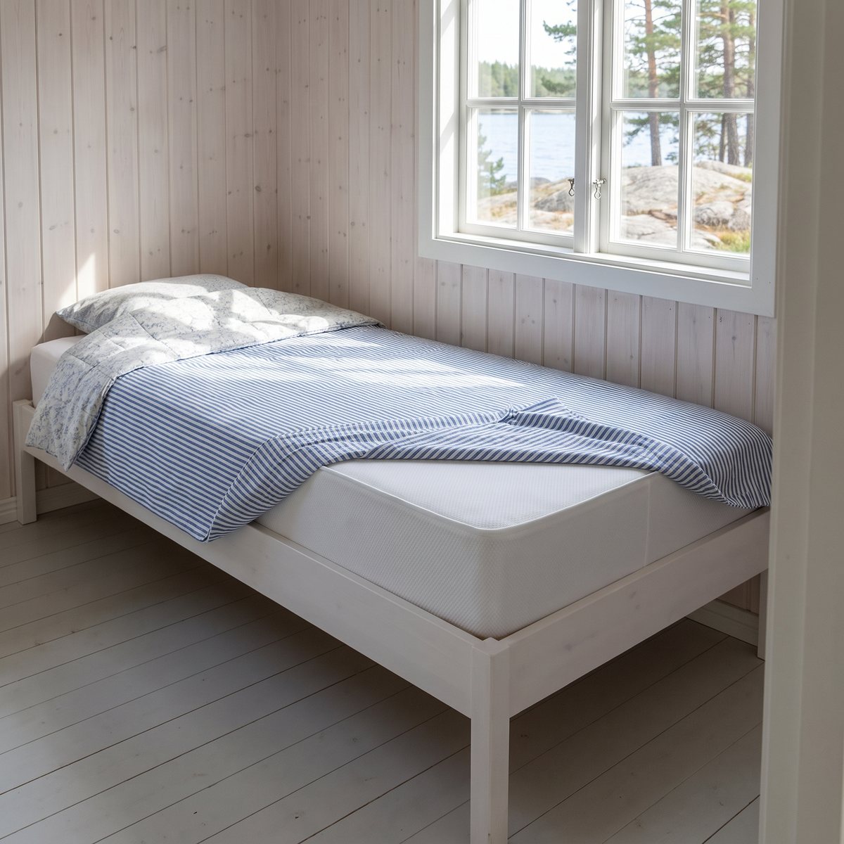 vidaXL:s bonellresårmadrass med vitt överdrag och randigt lakan i ett sovrum i en svensk sommarstuga vid en sjö