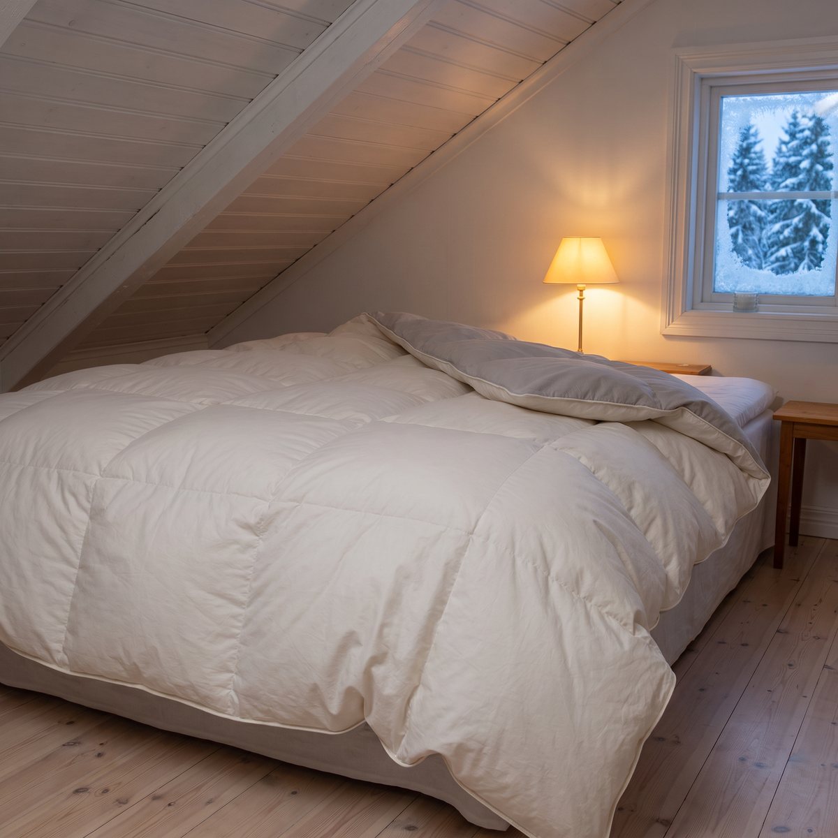 Ett benvitt duntäcke med stora rutor på en säng i ett svenskt vindsrum med snedtak, sänglampa och frostigt fönster mot snöig granskog.