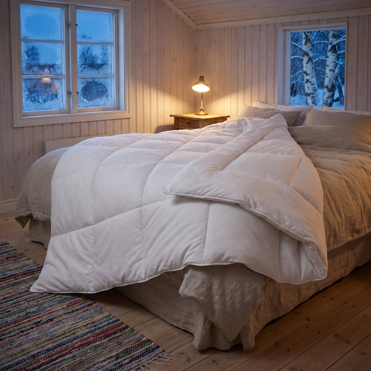 Ett vitt kviltat vintertäcke på en dubbelsäng i en svensk stuga med panelväggar, trasmatta och frostiga fönster mot snöiga björkar.
