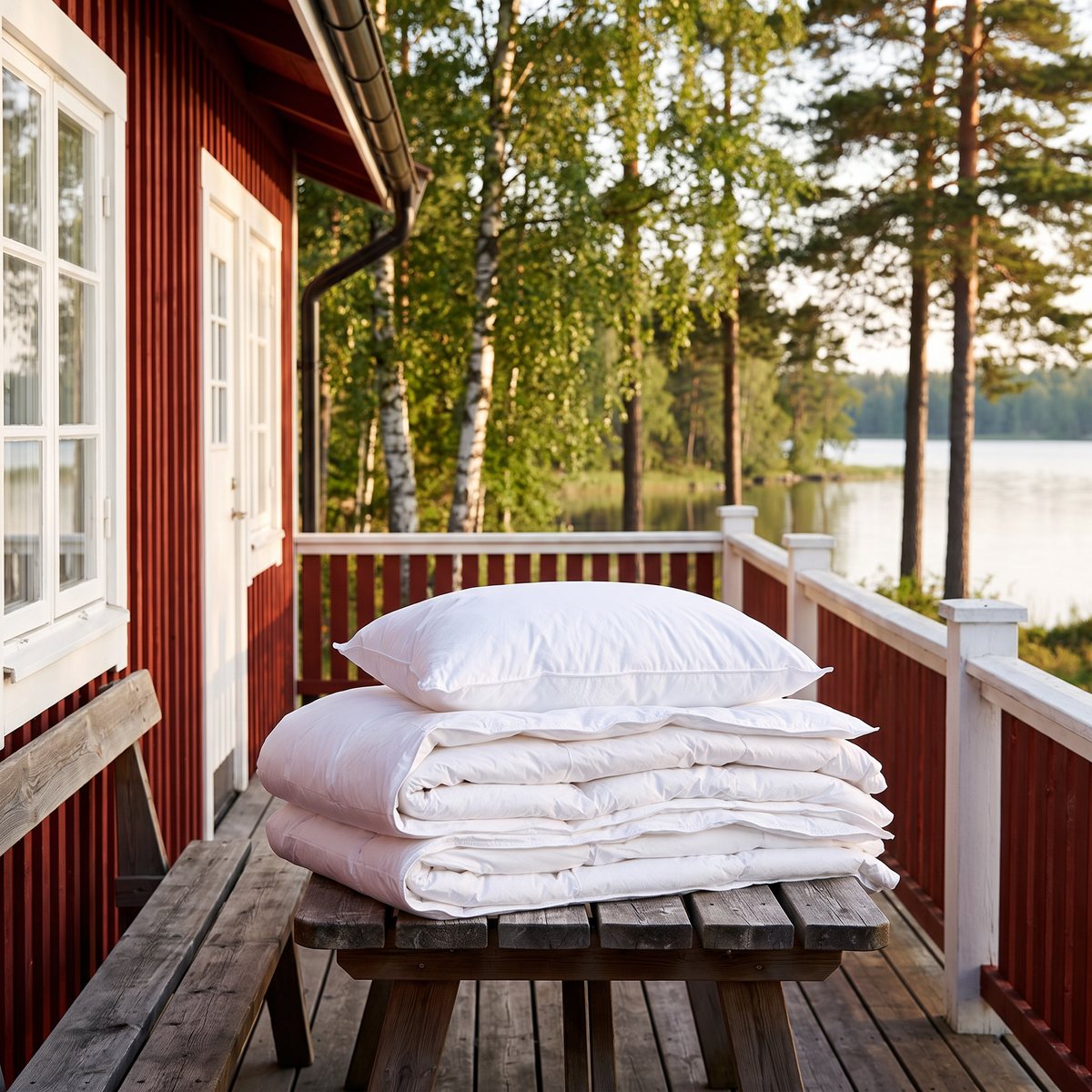 Vikt vitt duntäcke och kudde på en bänk på verandan till en svensk sommarstuga