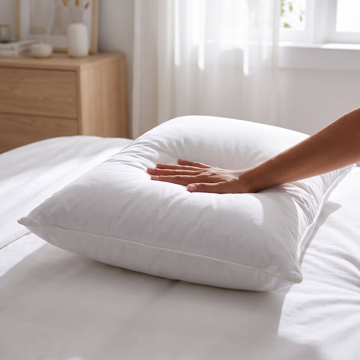 Hand som sjunker ner i en vit Norsk Dun Serenity-dunkudde på en säng med vitt percale-linne