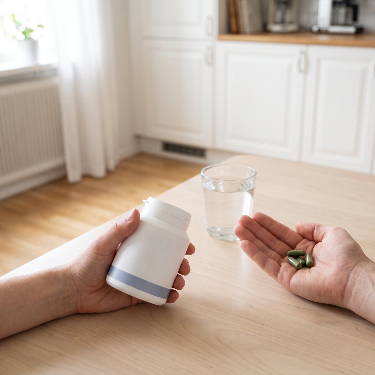 Vit burk med chlorellakapslar i handen vid ett träbord i ett svenskt kök, med ett glas vatten bredvid