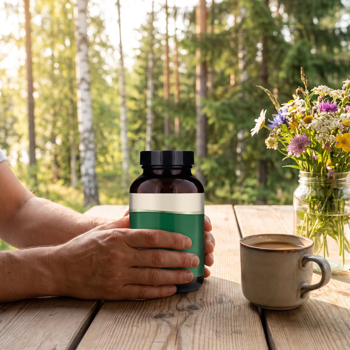Brun glasburk med fermenterad chlorella på ett furubord på en svensk stugaltan med björkar och granar i bakgrunden