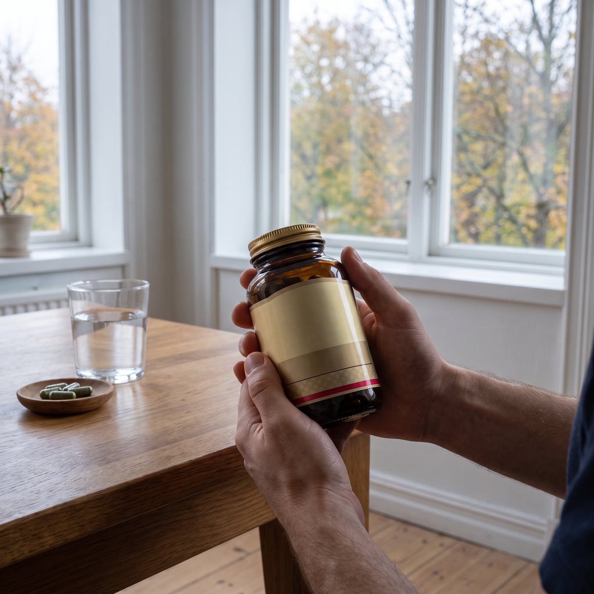 Brun glasburk med guldlock hållen i händerna vid ett köksbord i en svensk lägenhet, med ett glas vatten och en träskål med kapslar
