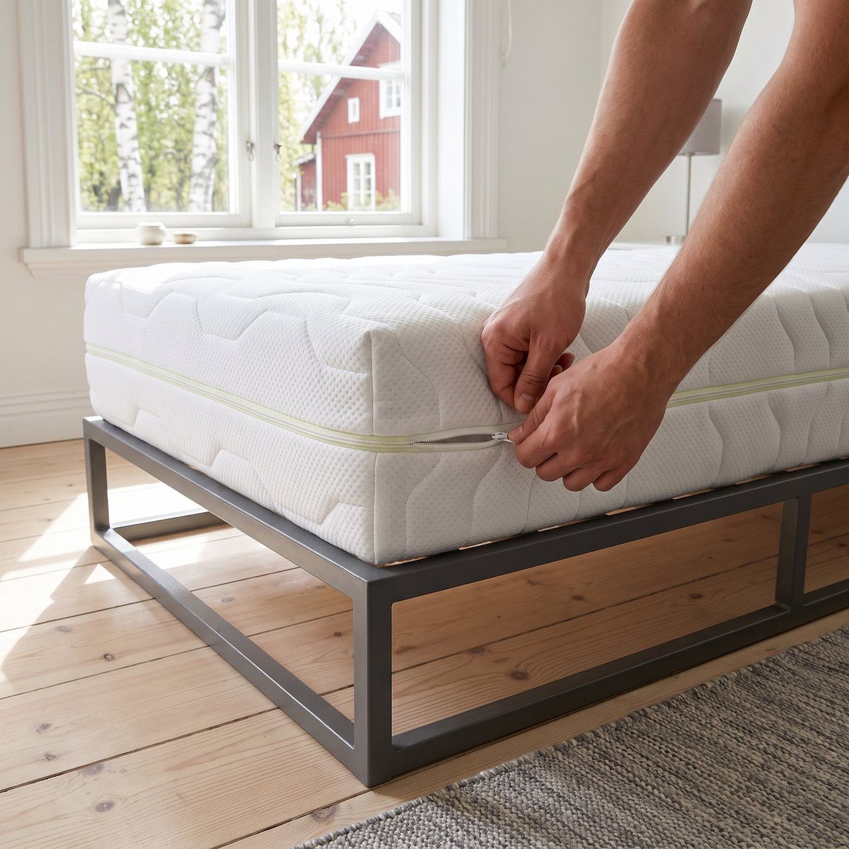 Händer som drar i dragkedjan på det vita quiltade överdraget till en vidaXL-pocketmadrass på en grå metallsäng, med björkar och ett rött trähus utanför fönstret