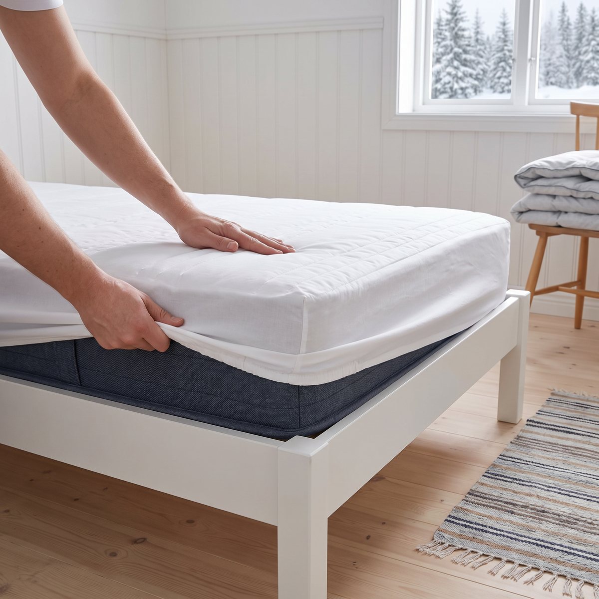 Händer som drar ett vitt dra-på-lakan över en vidaXL-resårmadrass med grå sidor i ett svenskt gästrum med panelväggar och snöig granskog utanför fönstret