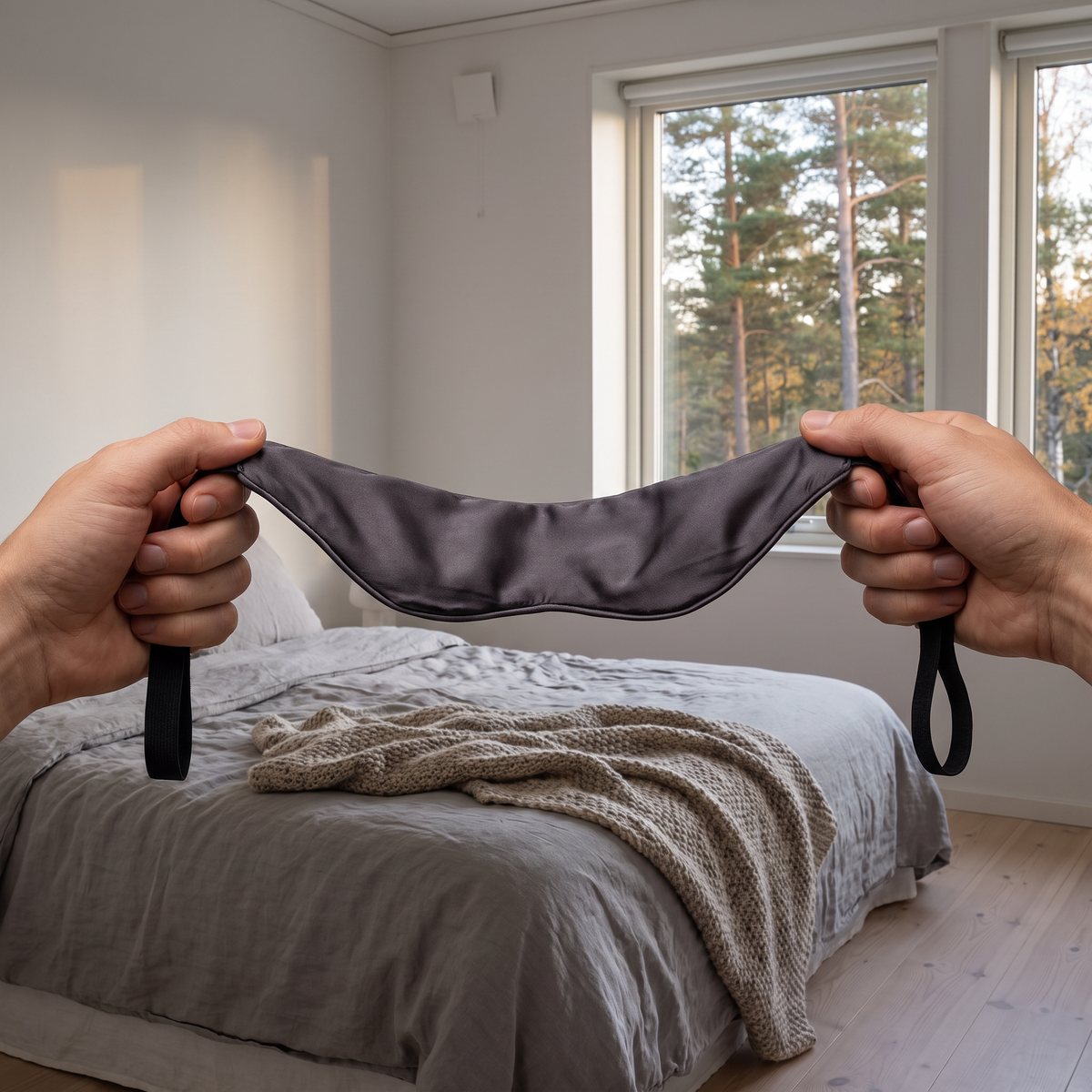 Två händer håller upp en grå CURA Eye Rest-sovmask över en bäddad säng i ett svenskt sovrum med tallar utanför fönstret