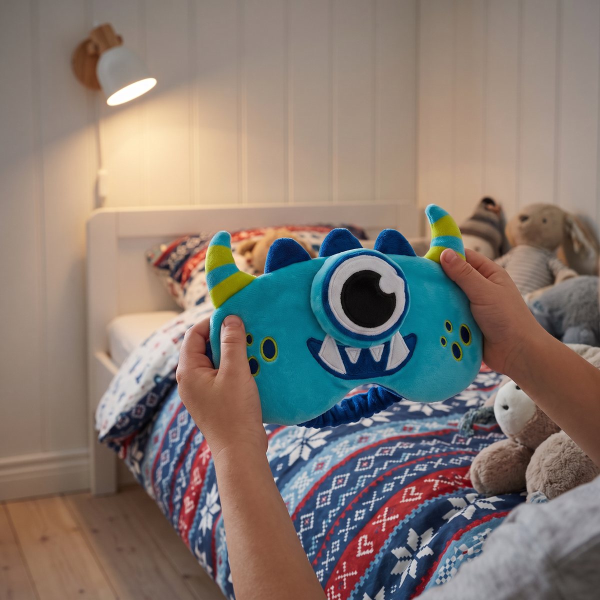 Barnhänder håller en turkos sovmask med monsteransikte på en säng med mönstrat täcke och gosedjur i ett svenskt barnrum