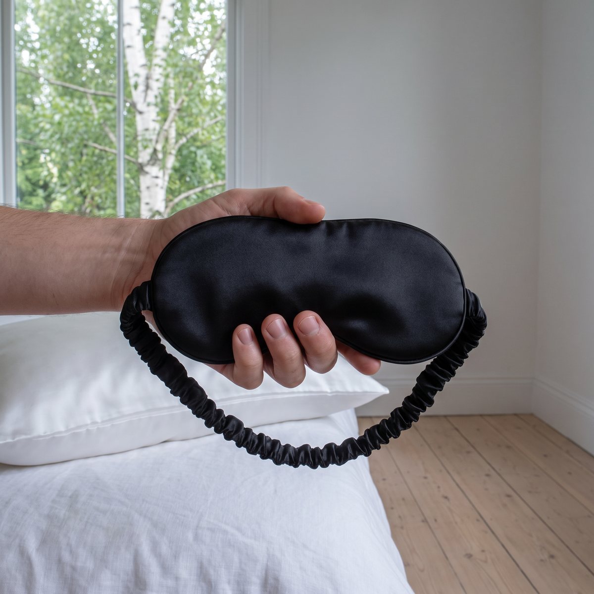 Svart sovmask i mullbärssilke med rynkat silkesband som hålls i handen ovanför en bäddad säng i ett ljust svenskt sovrum med björk utanför fönstret