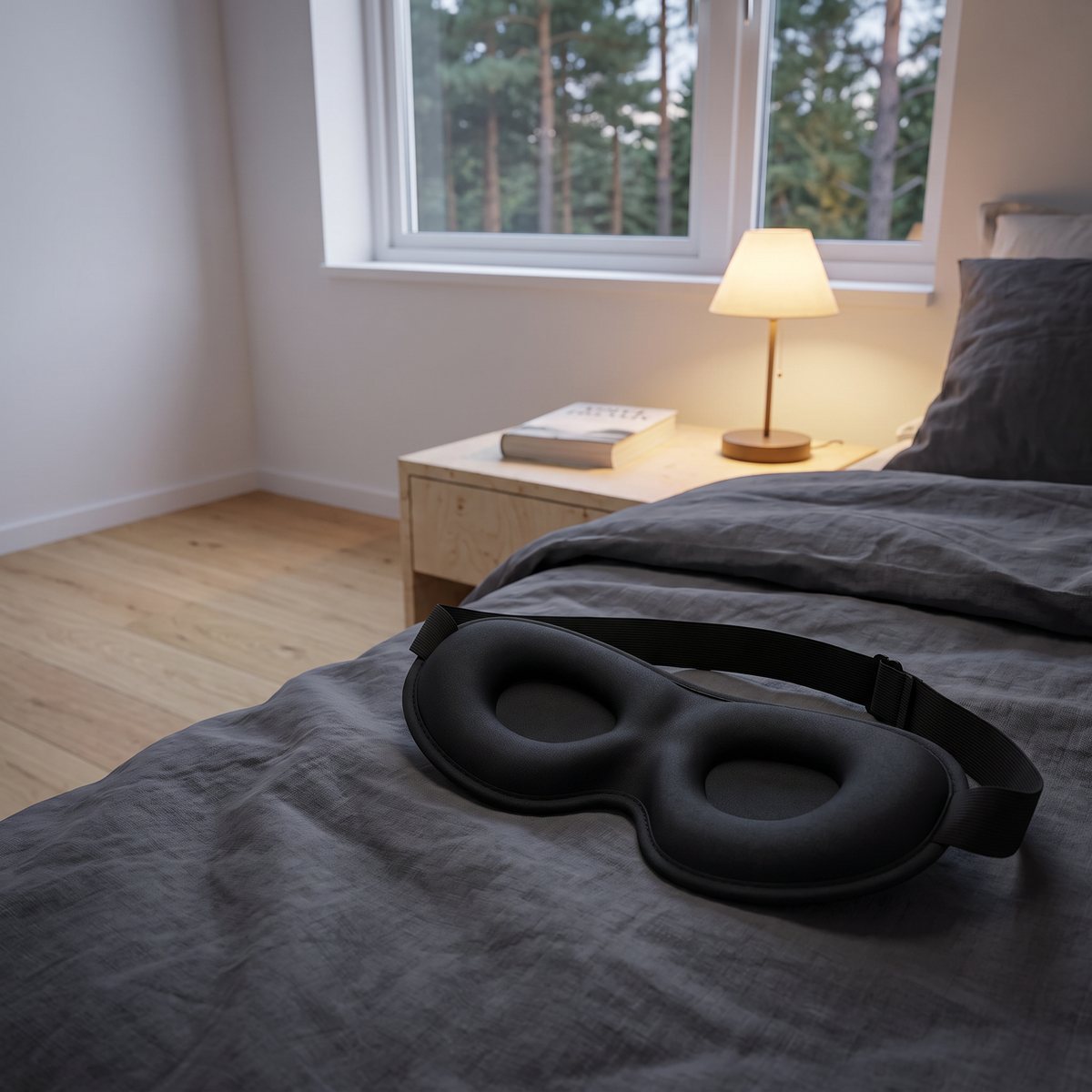 Svart 3D-formad sovmask i minnesskum med fickor för ögonen på ett grått påslakan i ett svenskt sovrum med utsikt mot tallskog