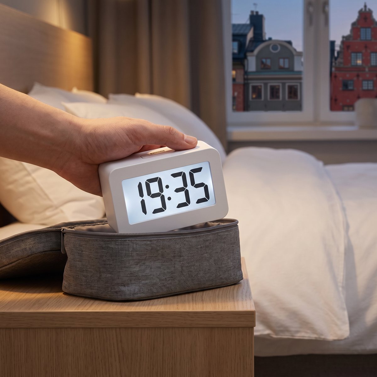 Liten vit batteridriven väckarklocka från Luxorparts med tänd display tas upp ur en grå necessär på ett hotellnattduksbord, gamla stan utanför fönstret