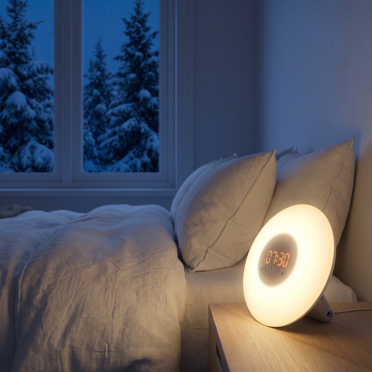 Rund Philips Wake-up Light HF3500 som lyser varmt på ett nattduksbord en mörk vintermorgon med snötäckta granar utanför fönstret
