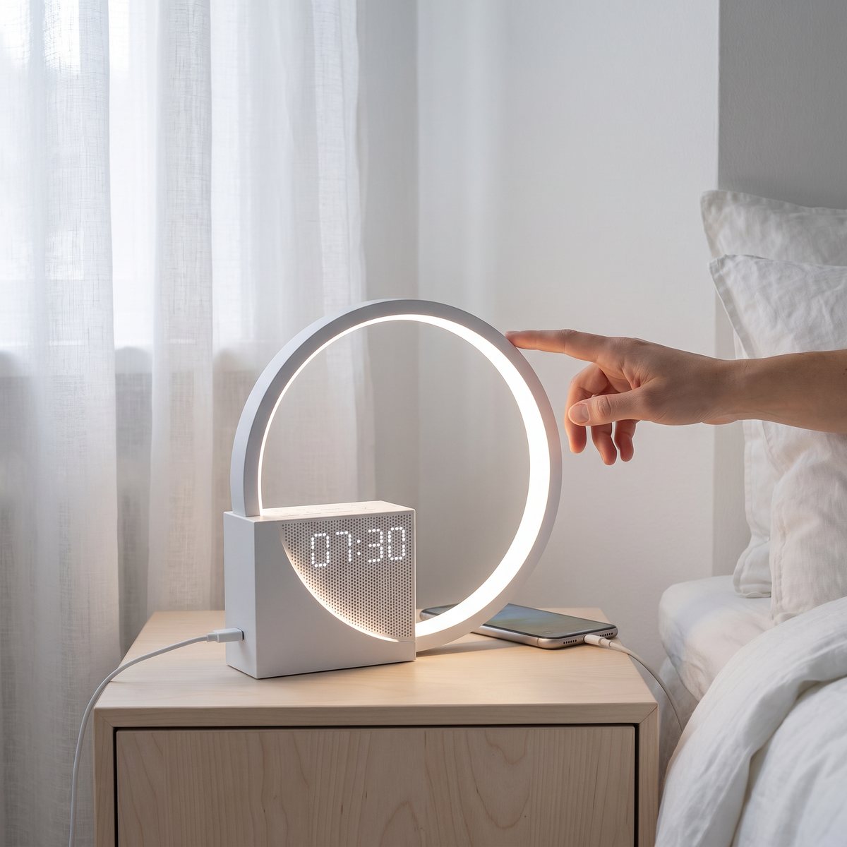 Rubicson Wake-up light med vit ljusring på ett nattduksbord i björk, en hand rör vid ringen och en mobil ligger bredvid