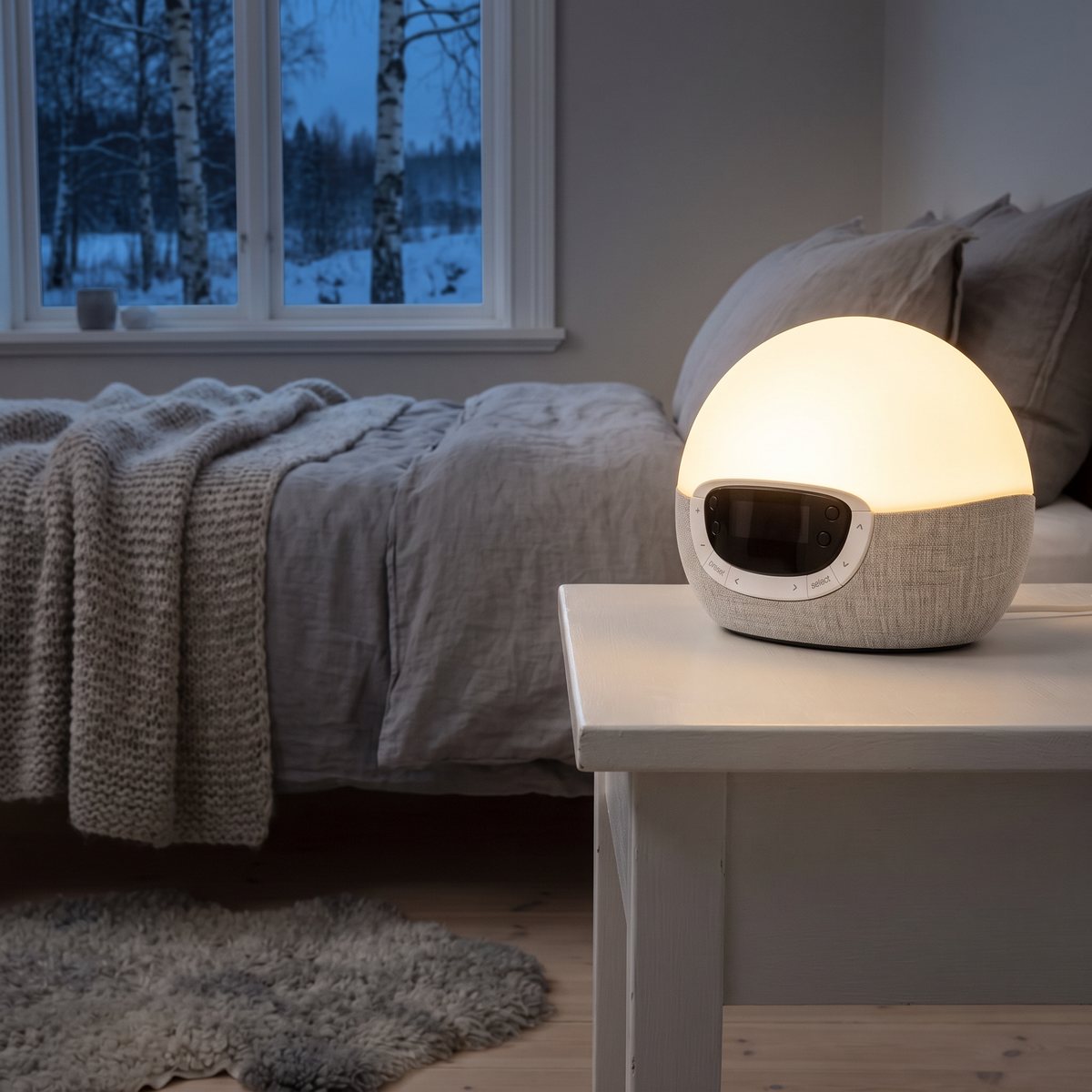 Lumie Bodyclock Shine 300 lyser på ett vitt nattduksbord i ett svenskt sovrum, med snö och björkar utanför fönstret