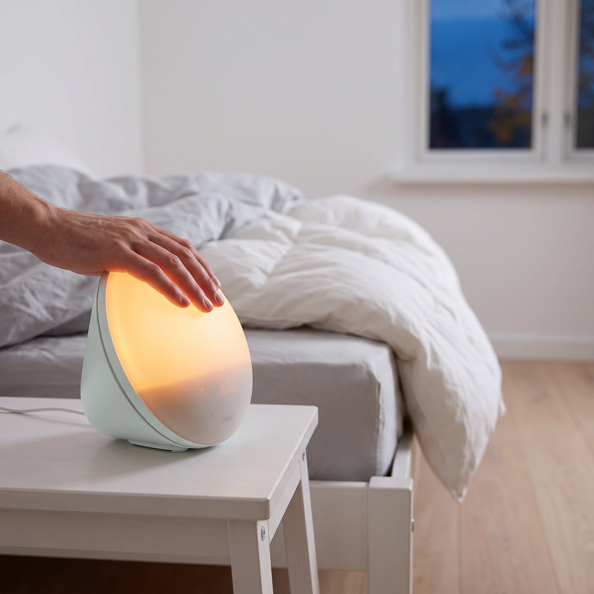 En hand trycker på ovansidan av Philips SmartSleep HF3519 för att snooza, på ett vitt nattduksbord i ett svenskt sovrum