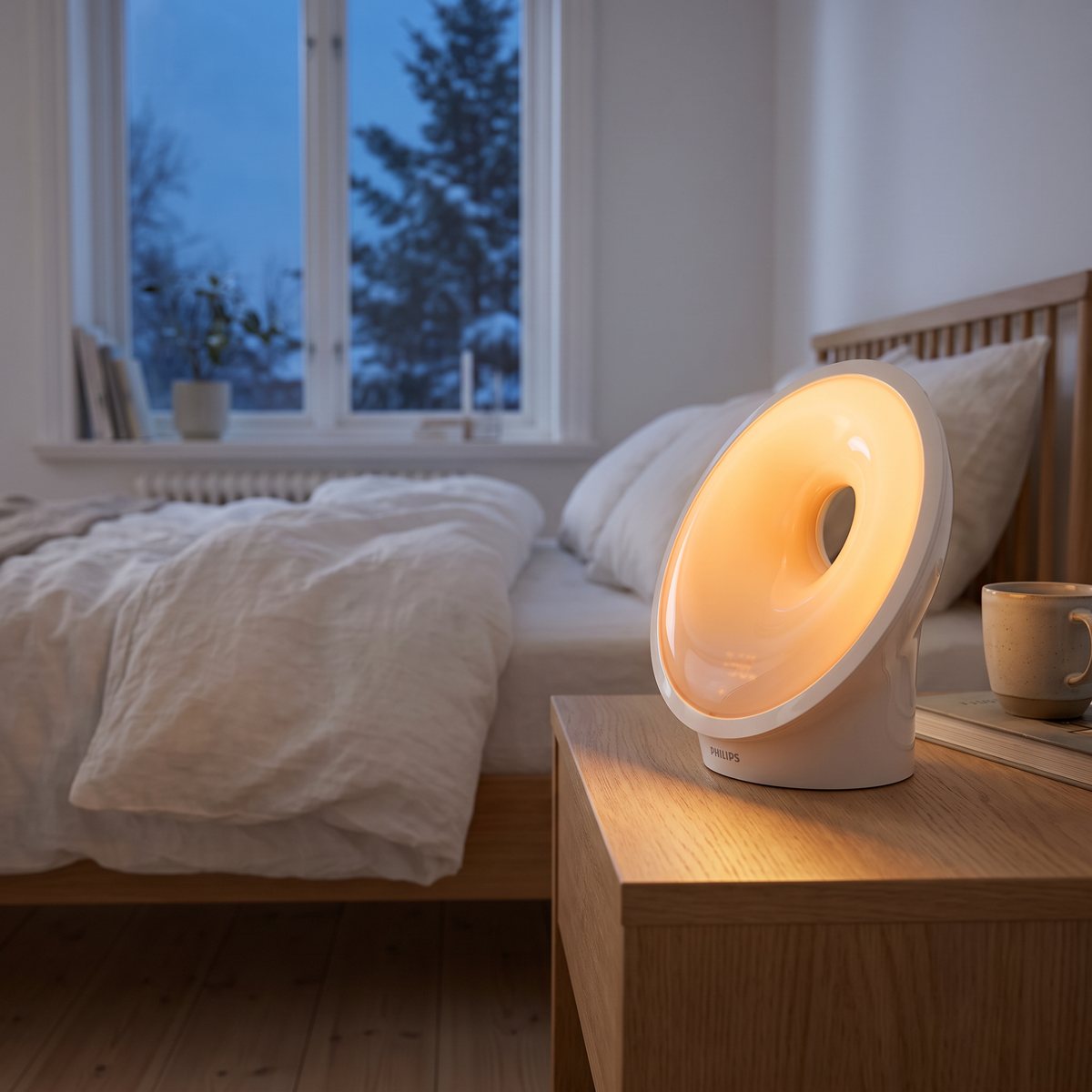 Philips SmartSleep HF3651 lyser med varmt gryningsljus på ett nattduksbord av ek i ett svenskt sovrum en mörk vintermorgon