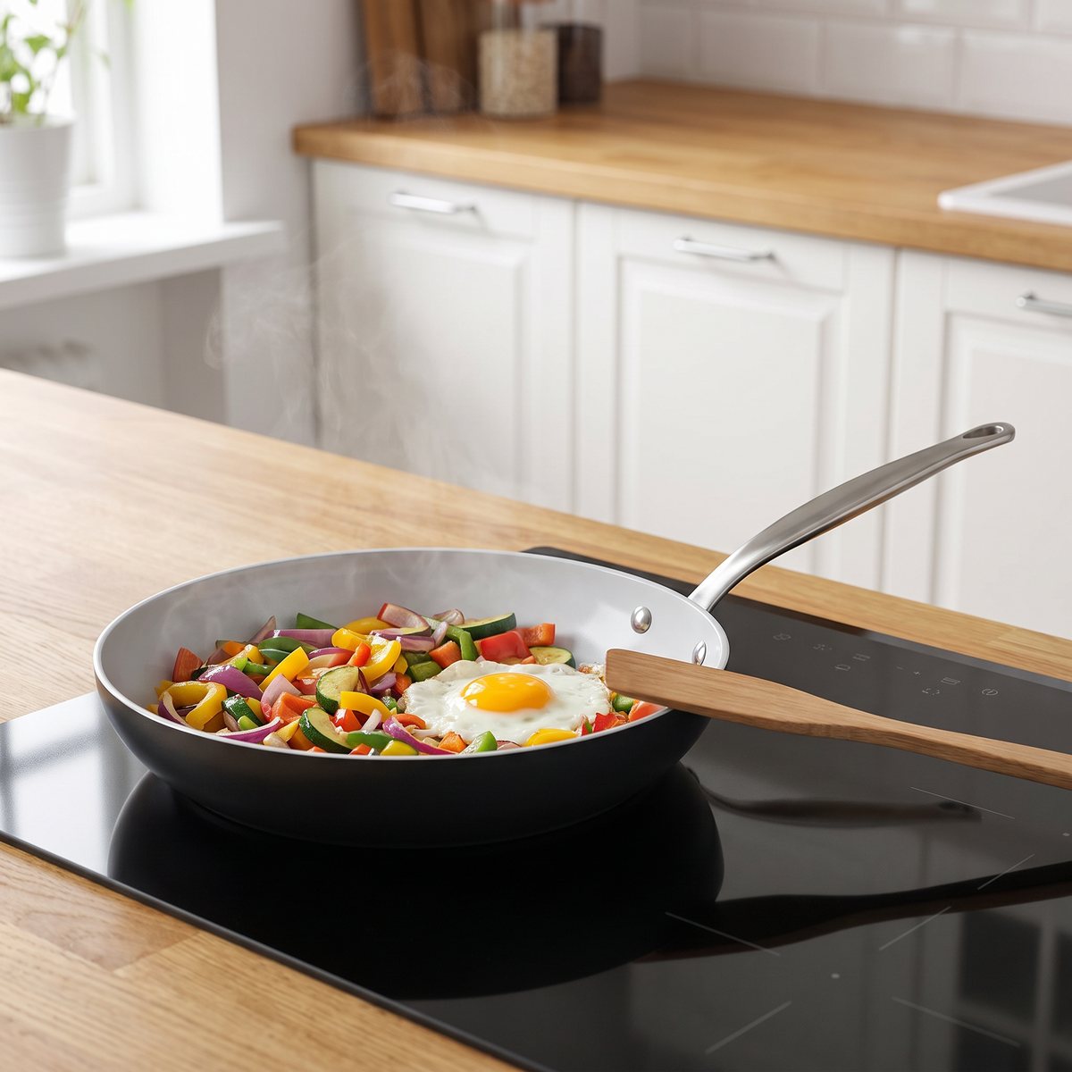Greenpan Barcelona stekpanna med keramisk nonstick-yta på en induktionshäll, grönsaker och ägg i ett svenskt kök