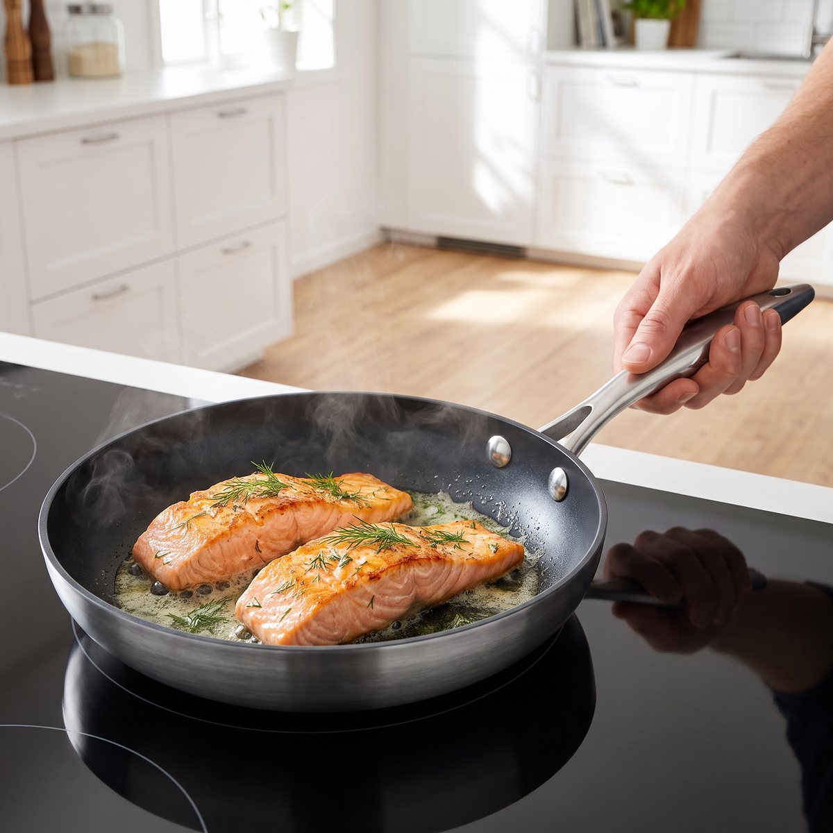 Scanpan CTX stekpanna med nonstick-yta stekar laxfiléer på en induktionshäll i ett ljust svenskt kök