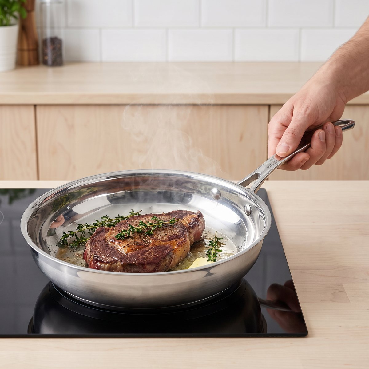 Scanpan Impact stekpanna i rostfritt stål med en biff på induktionshäll i ett svenskt kök