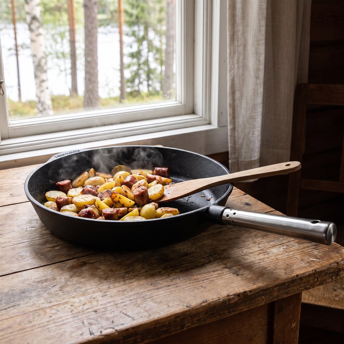Skeppshult gjutjärnspanna med stekt potatis och korv på ett bord i en svensk stuga