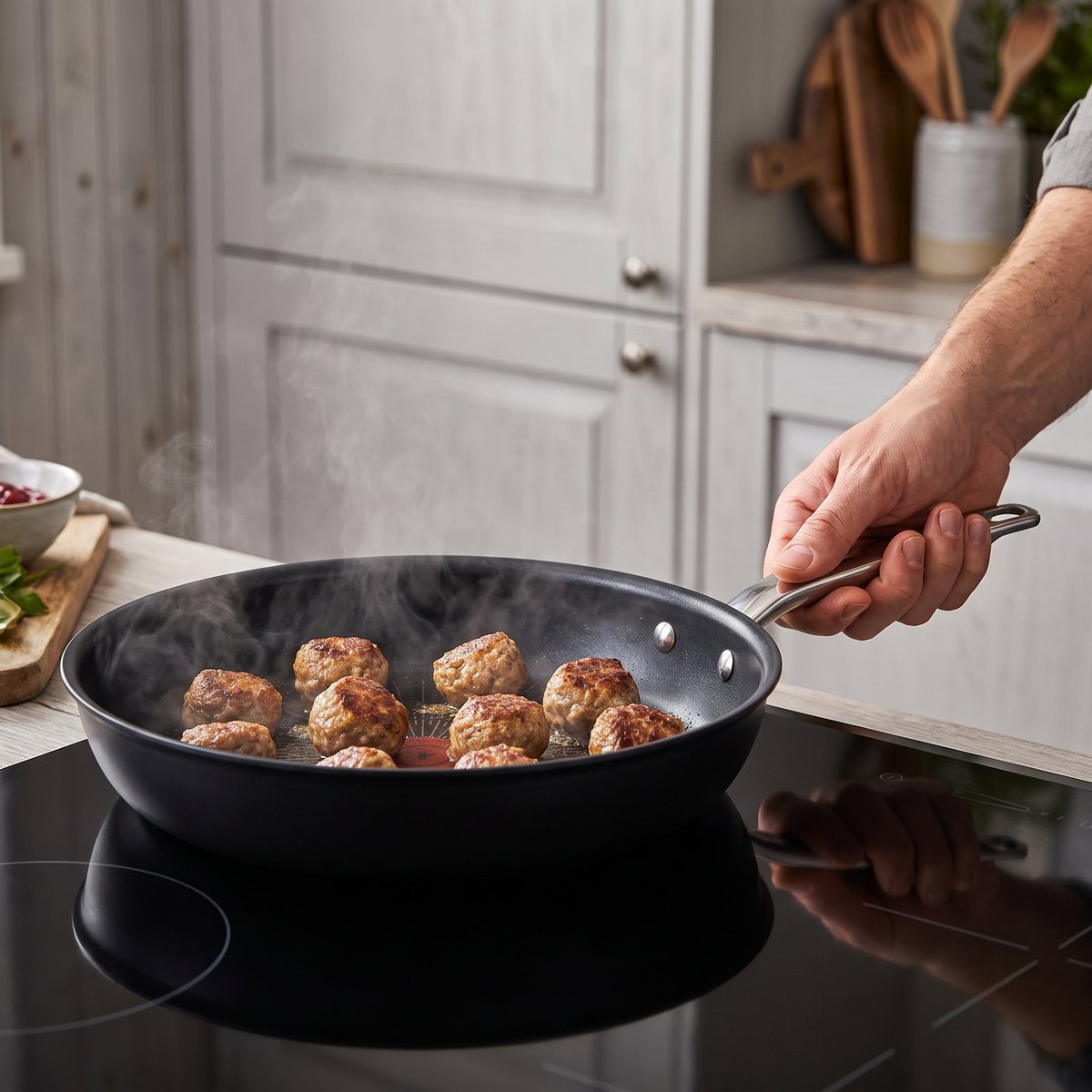 Tefal Experience stekpanna med köttbullar på en induktionshäll i ett svenskt kök