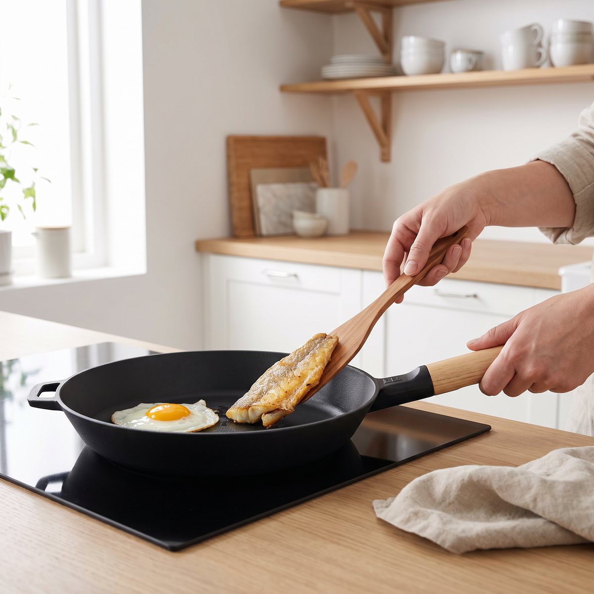 Fiskars Norden stekpanna med björkhandtag där en stekt fiskfilé lyfts med stekspade bredvid ett stekt ägg på induktionshäll i ett svenskt kök