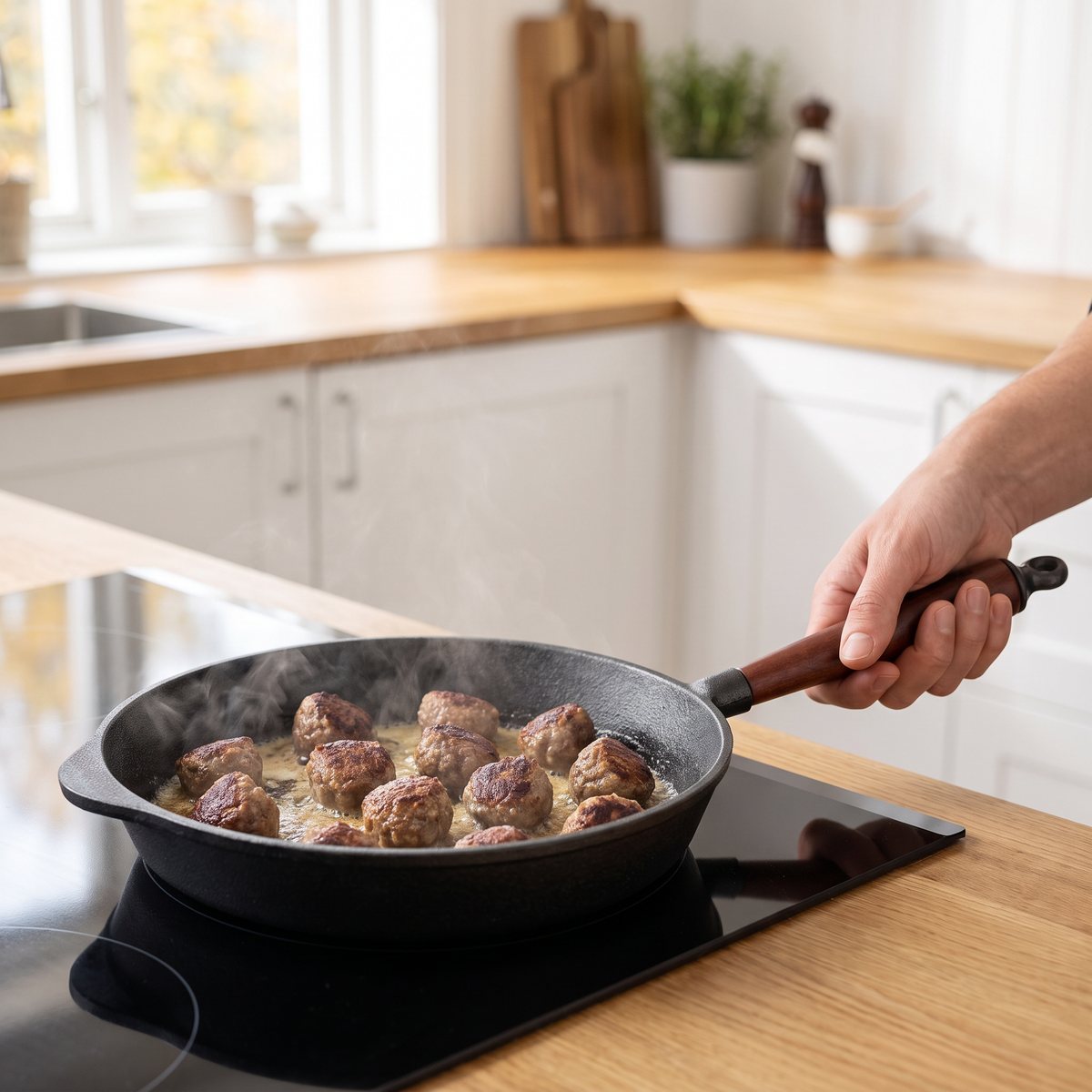 Skeppshult Traditional stekpanna i gjutjärn med trähandtag där köttbullar steks på en svart induktionshäll i ett ljust svenskt kök