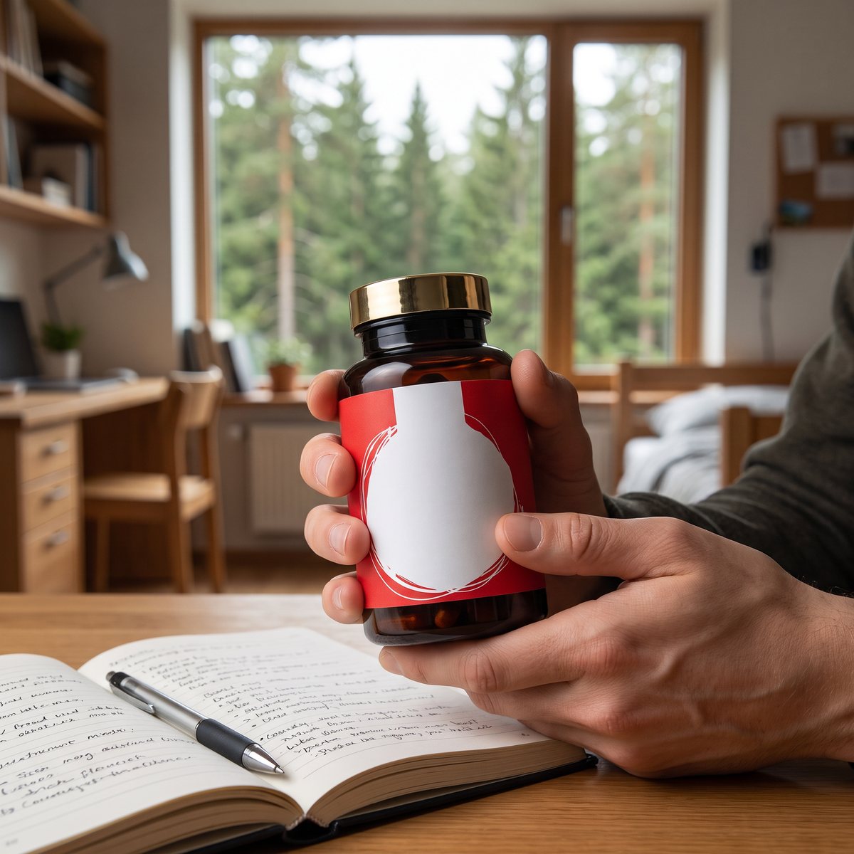 Brun glasburk med röd etikett på ett skrivbord i en svensk studentlägenhet, bredvid en anteckningsbok