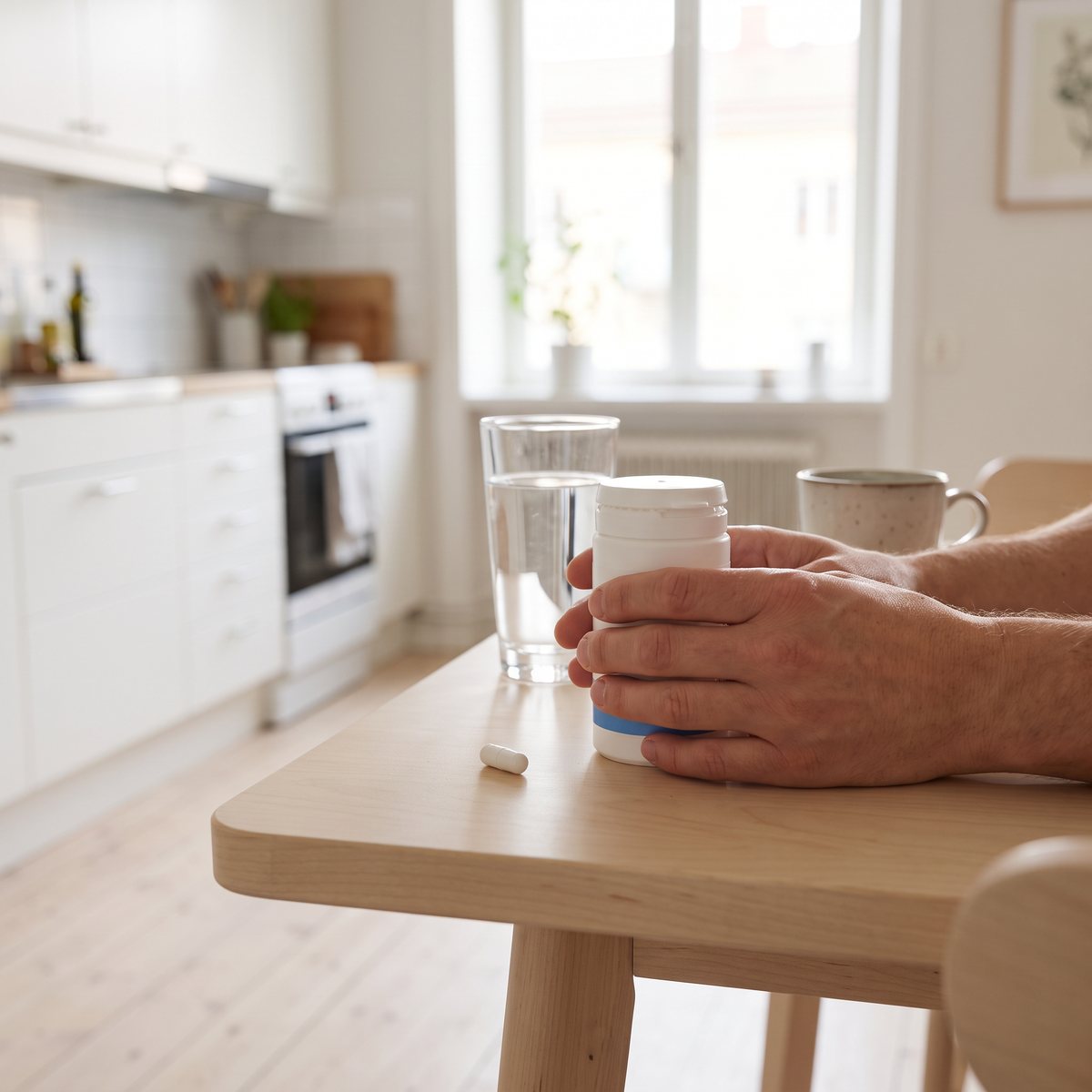 Vit burk med citikolin på ett björkbord i ett svenskt kök, bredvid ett glas vatten och en kaffekopp