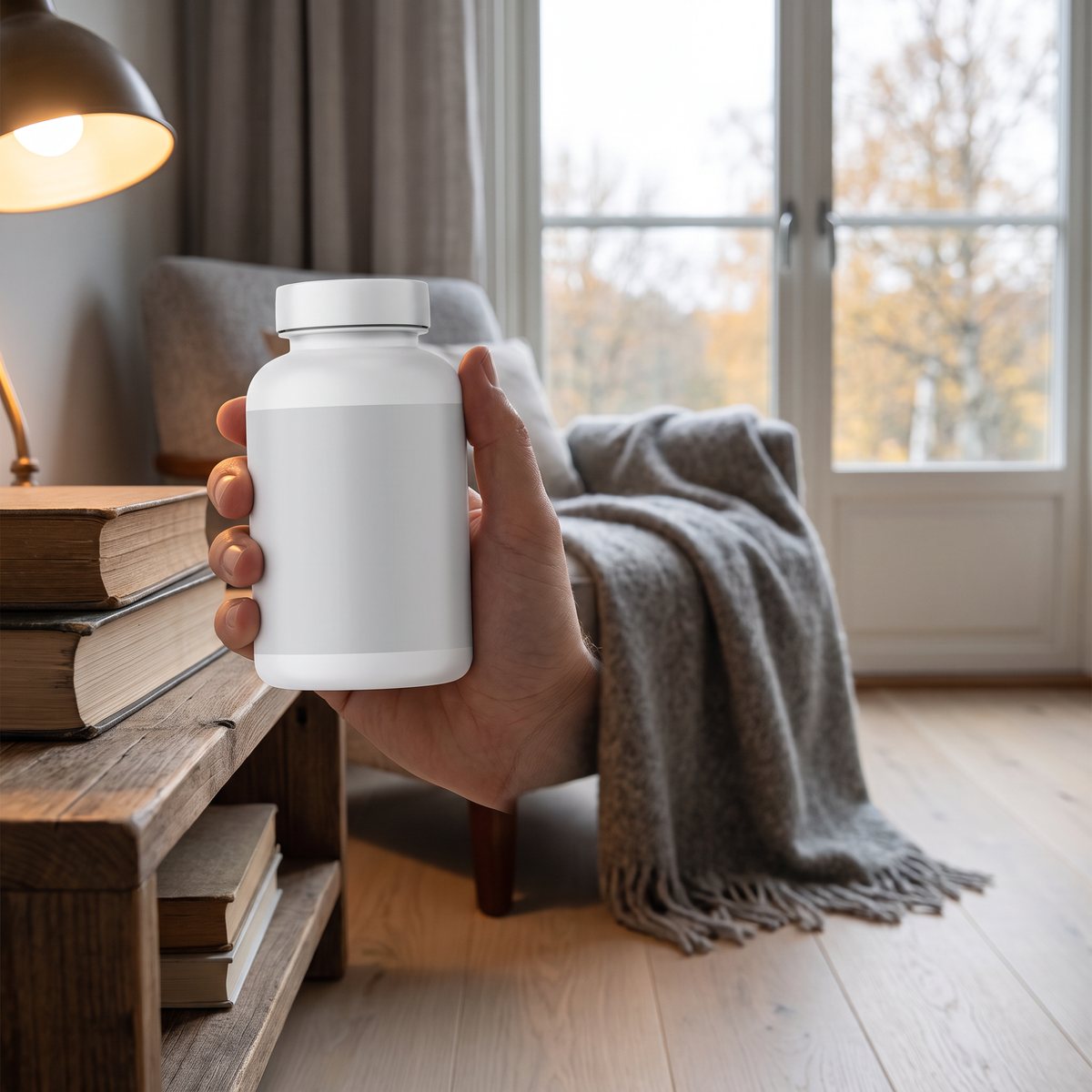 Vit burk med kosttillskott på en hylla vid en soffa i ett svenskt vardagsrum, bredvid böcker och en läslampa