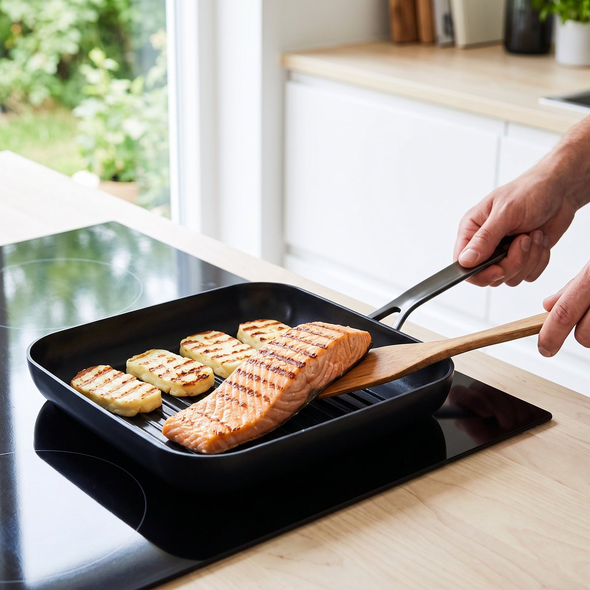 GreenPans fyrkantiga svarta grillpanna med keramisk beläggning, lax och halloumi lyfts med träspade i ett ljust svenskt kök