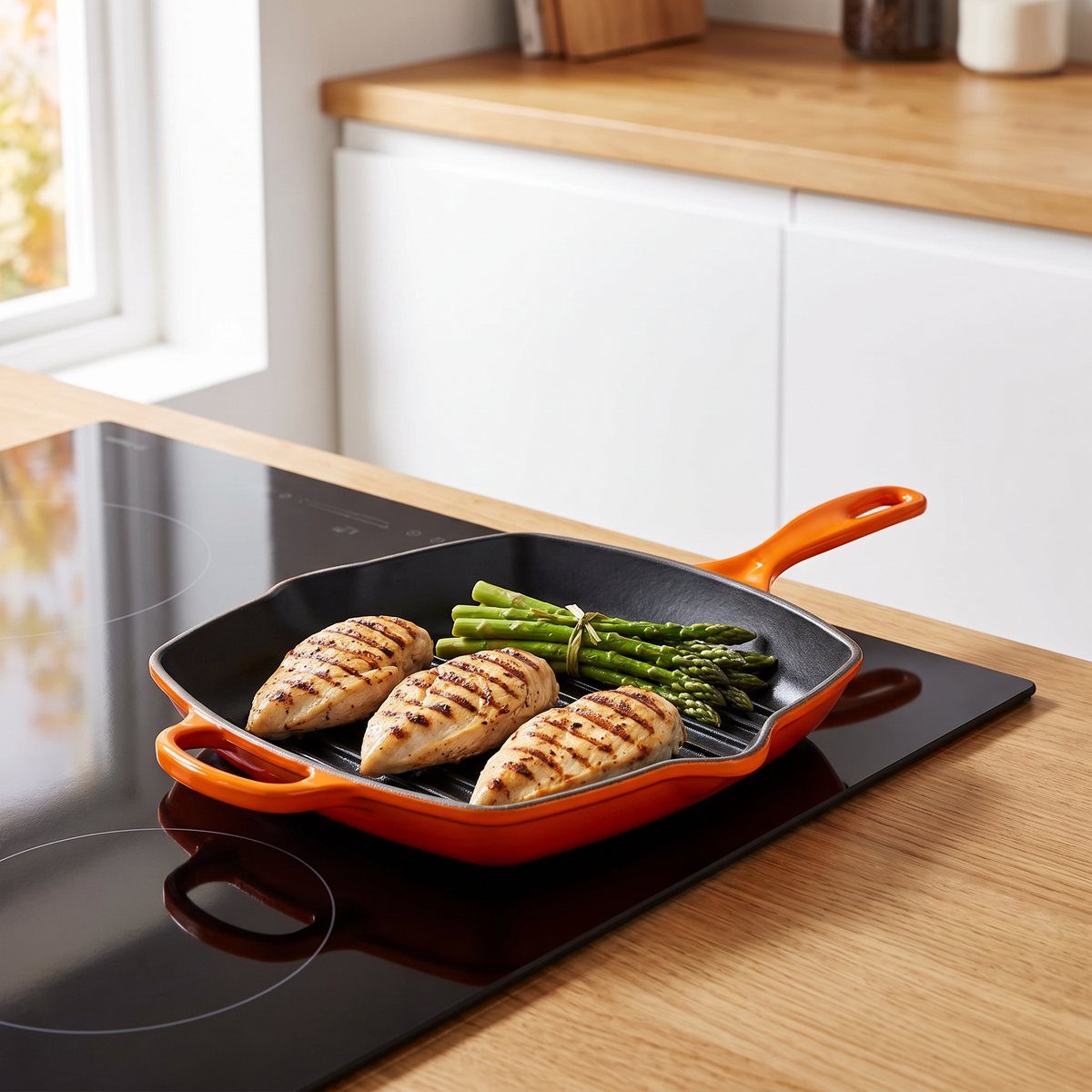 Le Creusets fyrkantiga orange grillpanna med kycklingfiléer och sparris på en svart induktionshäll i ett svenskt kök