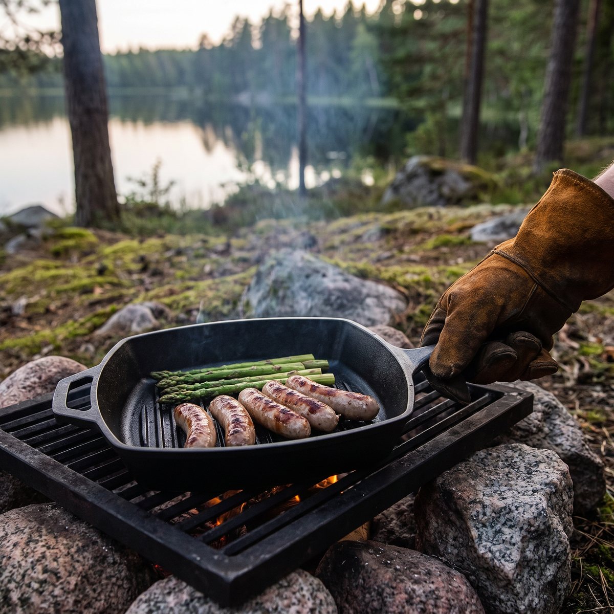 Lodges fyrkantiga grillpanna i gjutjärn på ett galler över en lägereld vid en svensk skogssjö, med korv och sparris