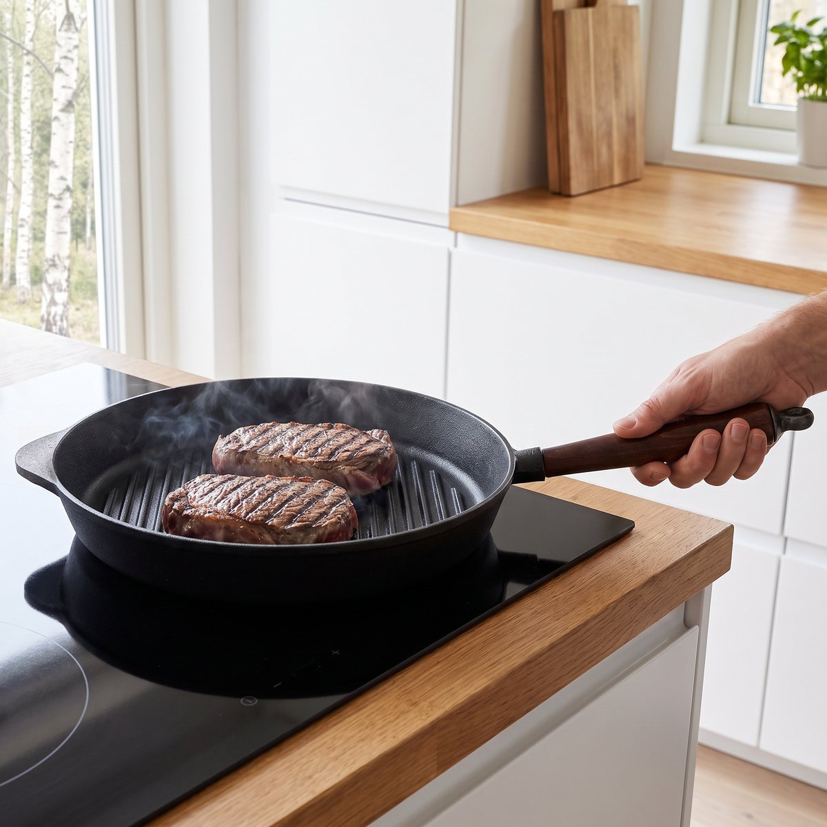 Skeppshults runda grillpanna i gjutjärn med trähandtag, två biffar på räfflorna på en induktionshäll i ett ljust svenskt kök