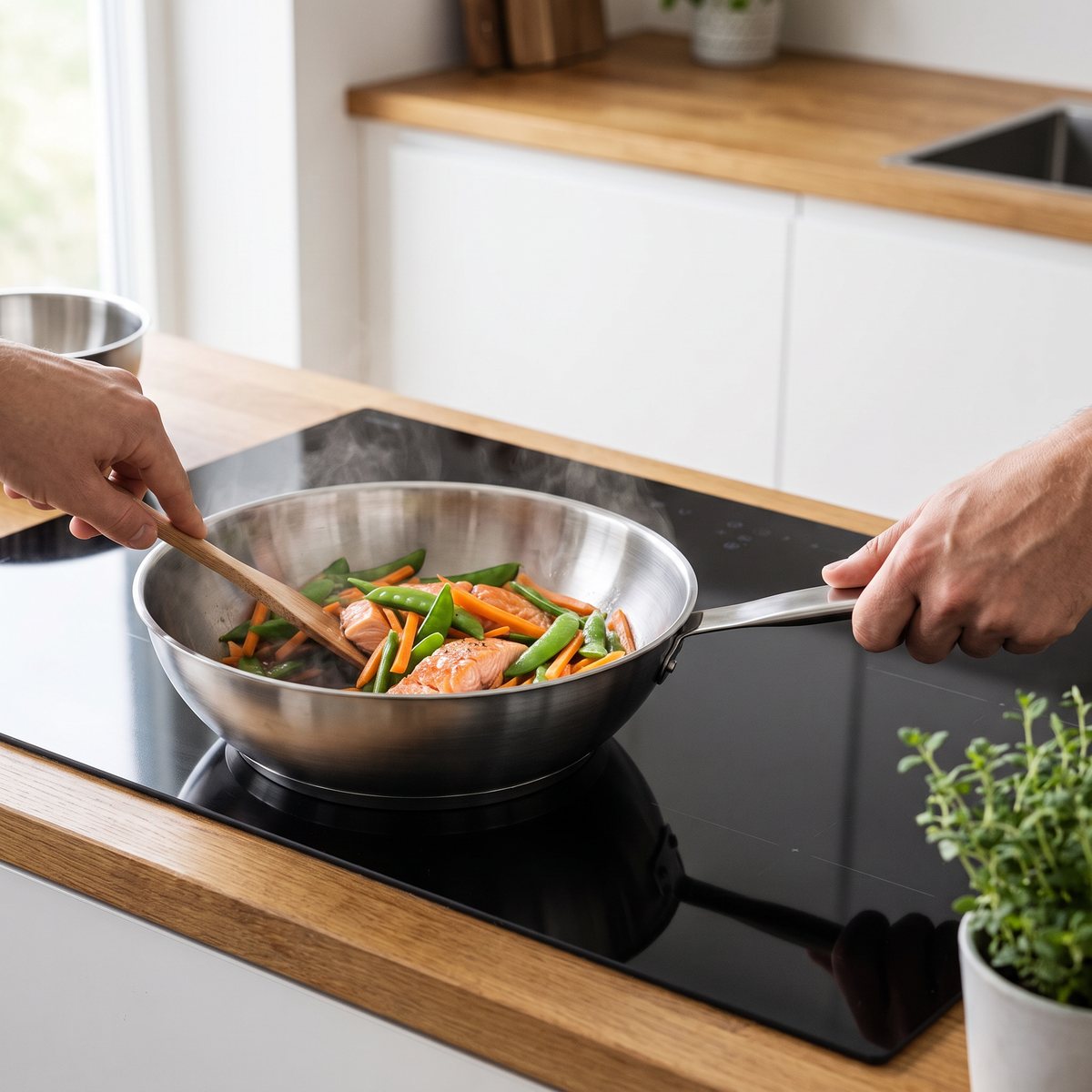 Fiskars All Steel Pure wok i blankt rostfritt stål med lax och sockerärtor på en induktionshäll i ett svenskt kök