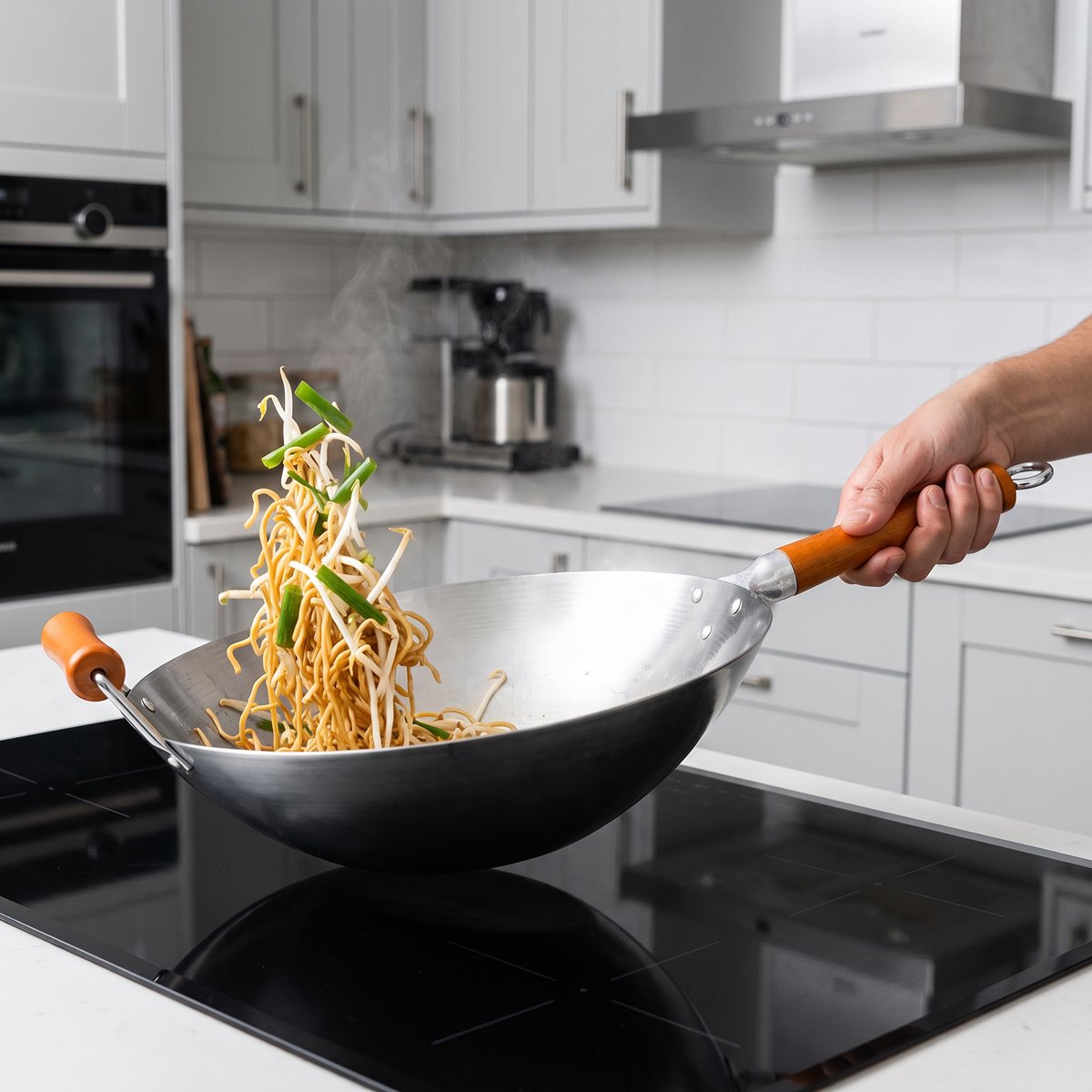 Ken Hom Excellence wok i blankt kolstål där nudlar och vårlök vänds över en induktionshäll i ett svenskt kök
