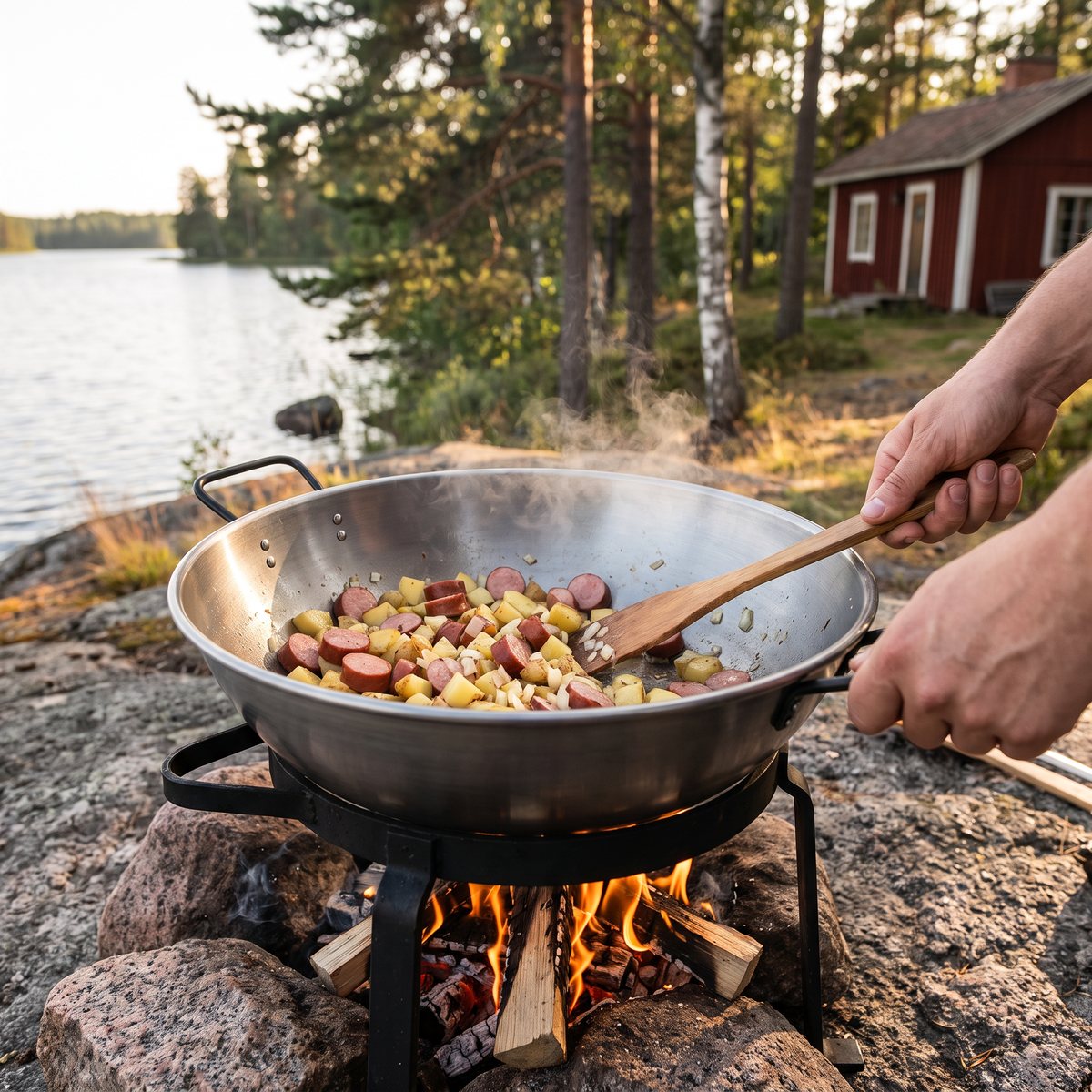 Muurikka wok i kallvalsat stål med korv och potatis över öppen eld på klipporna vid en svensk sjö med röd stuga